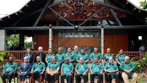 Foreign ministers and top diplomats of the Pacific Islands countries pose for a family photo during a meeting of the Pacific Islands Forum (PIF) in Suva, Fiji, on August 7, 2026, ahead of the full leaders meeting scheduled for September 2026 in Palau