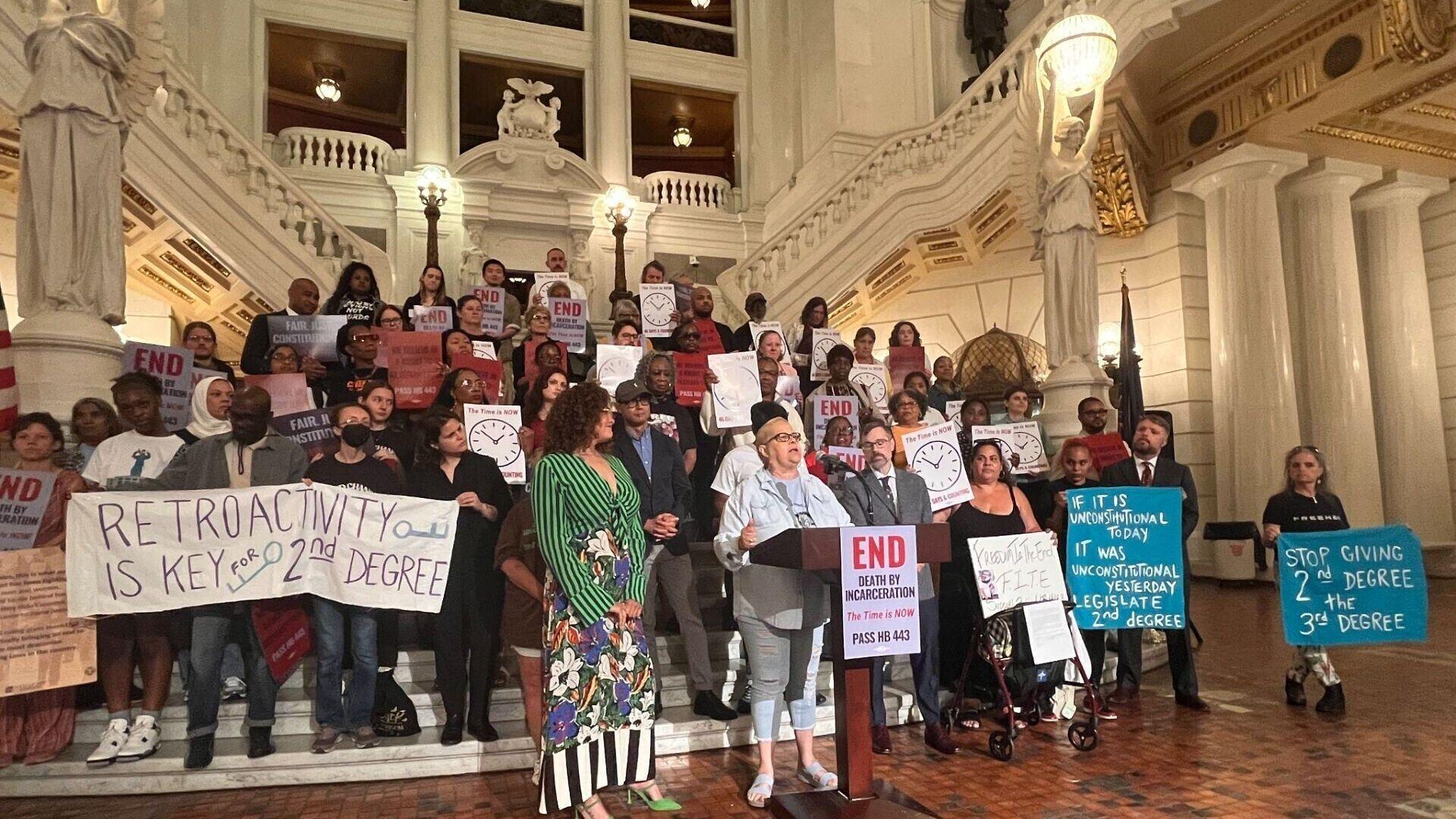 People rally inside the PA Capitol in June to call for “meaningful second-degree murder sentencing reform.”