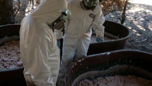 Mexican Army experts examine vats of meth paste at an illegal lab in Tecate, Baja California state