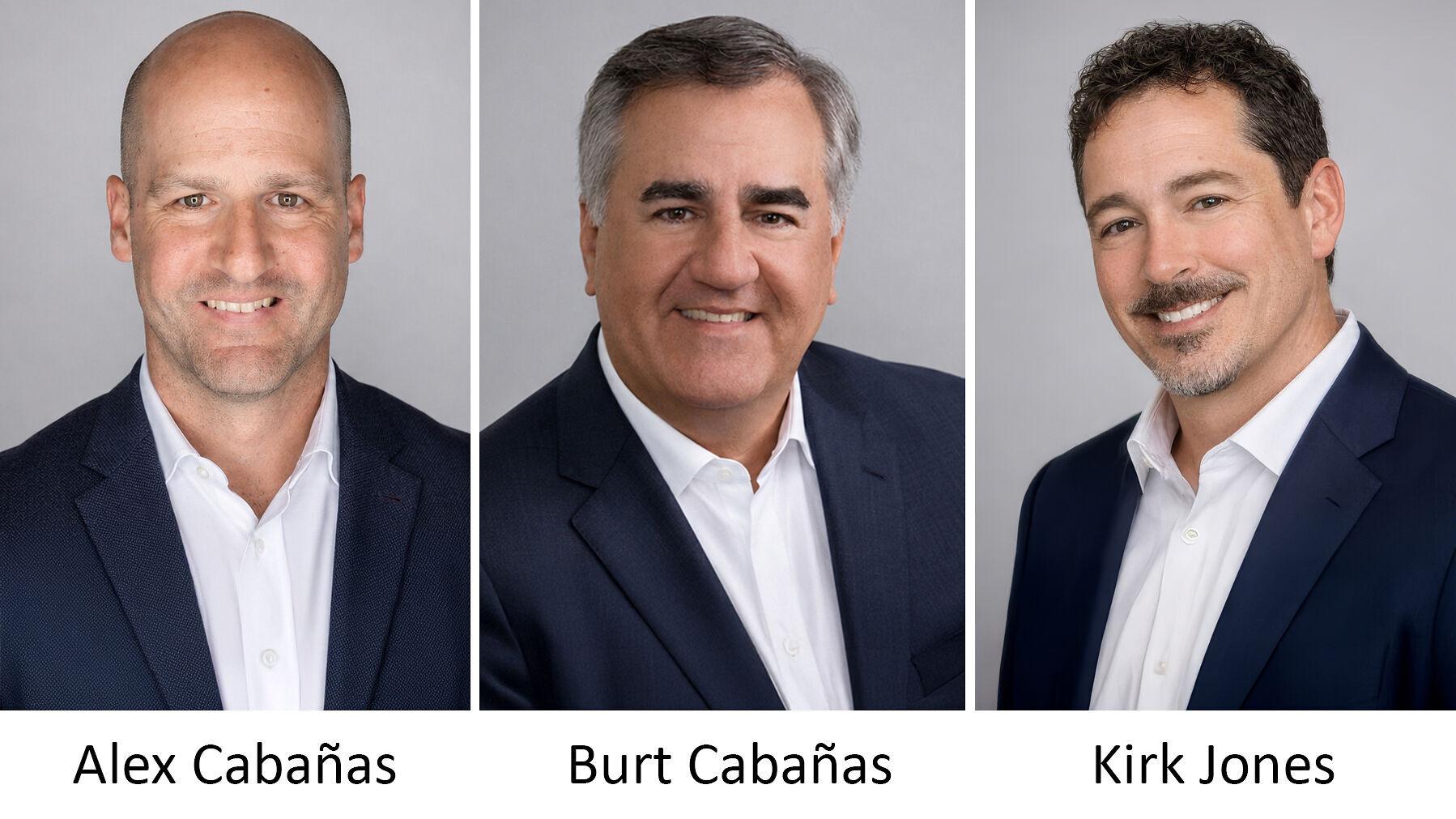 From left are Astound Ventures CEO Alex Cabañas; Burt Cabañas, chairman; and CFO Kirk Jones.