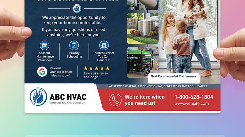 By installing the PostcardMania's app, PCM Integrations, from the Simpro Marketplace, users can automatically trigger direct mail campaigns (like the postcard above) based on key customer and job milestones.