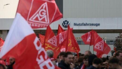 Auto workers demonstrated at sites including this car plant in Hanover