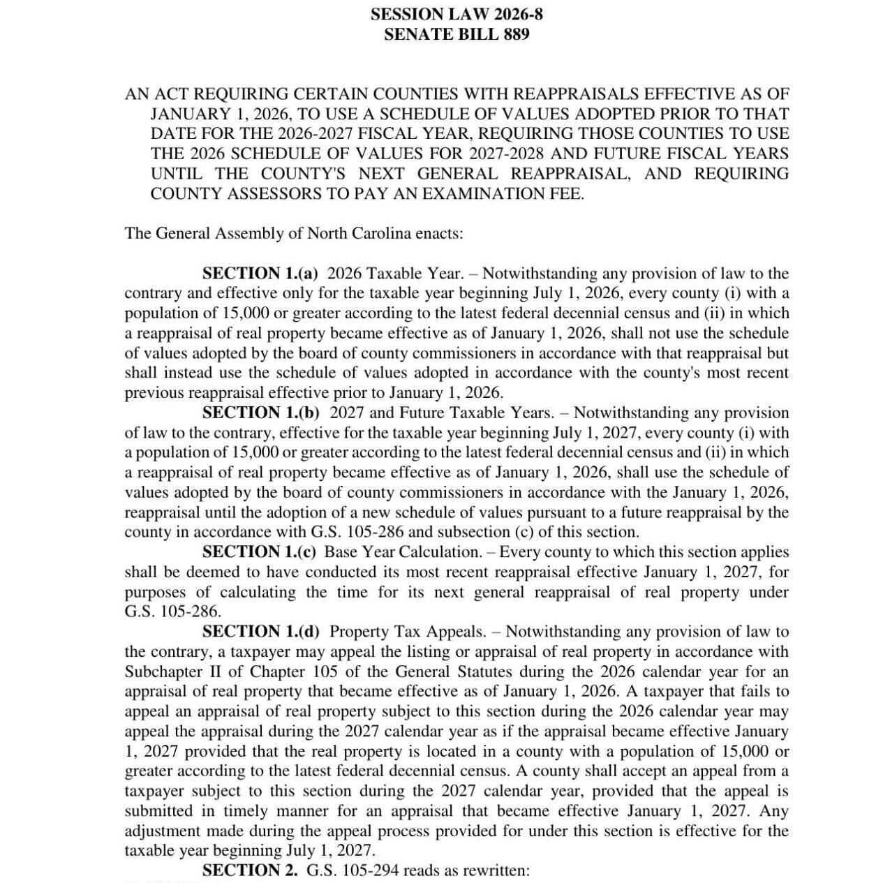 FNF - NC - Property Tax Reappraisal Moratorium Senate Bill 889