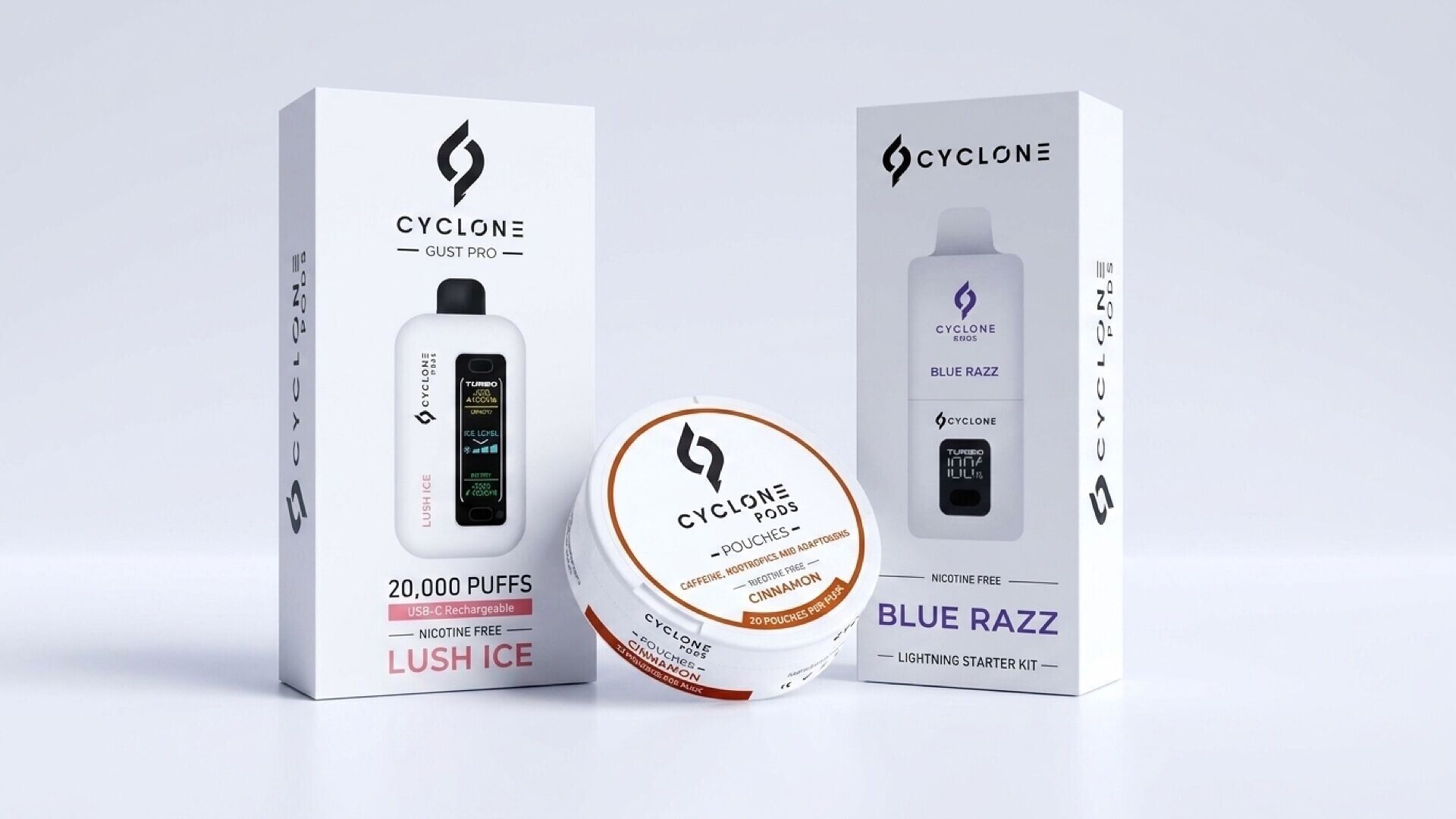 Cyclone Pods's nicotine-free lineup - the 20,000-puff Gust Pro vape ($20), the refillable 10,000-puff Lightning pod kit ($20) and Focus Pouches ($9.99) - now ships alongside complete third-party lab data published sample by sample. The Santa Monica comp...