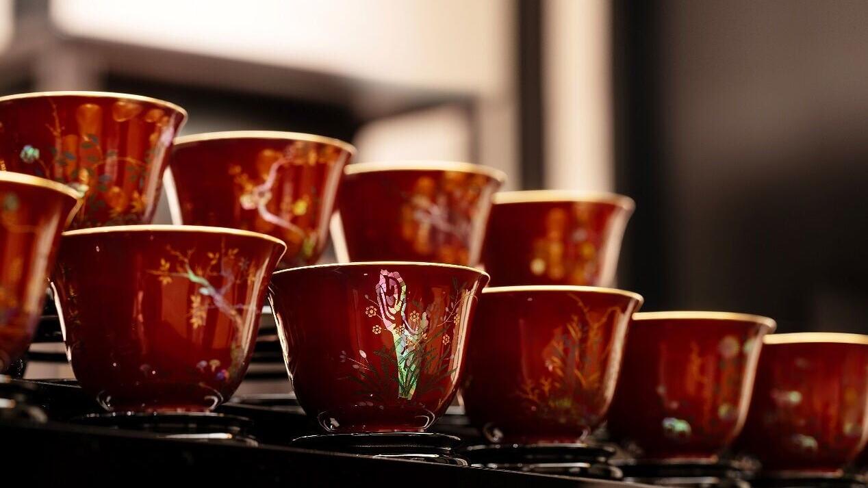Twelve Month Flower Deity Cup in Lacquer with Mother-of-Pearl Inlay