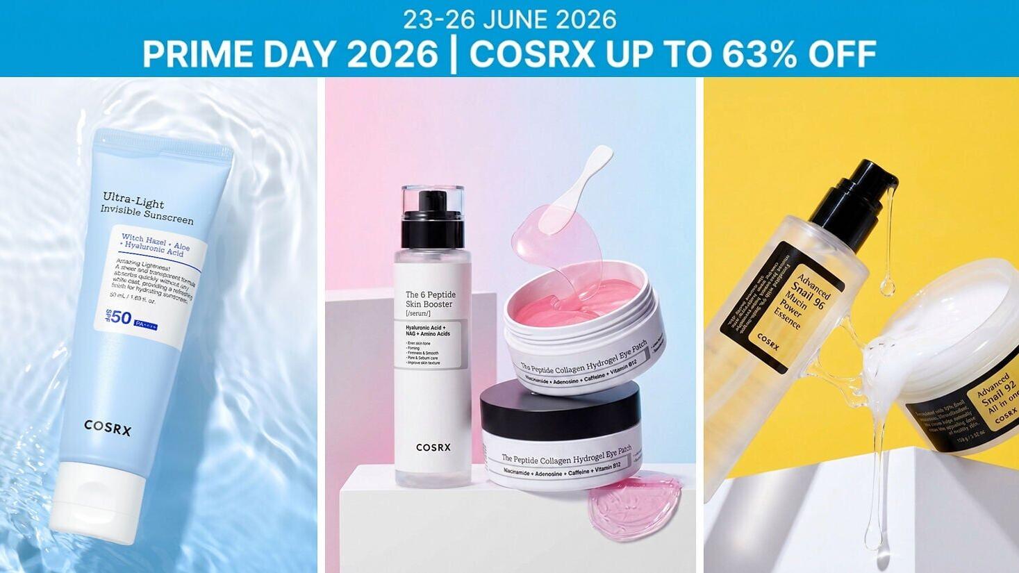 From Amazon's No.1 Face Sunscreen to COSRX's bestselling Snail Mucin and Peptide collections, shoppers can enjoy Prime Day savings of up to 63% from June 23–26