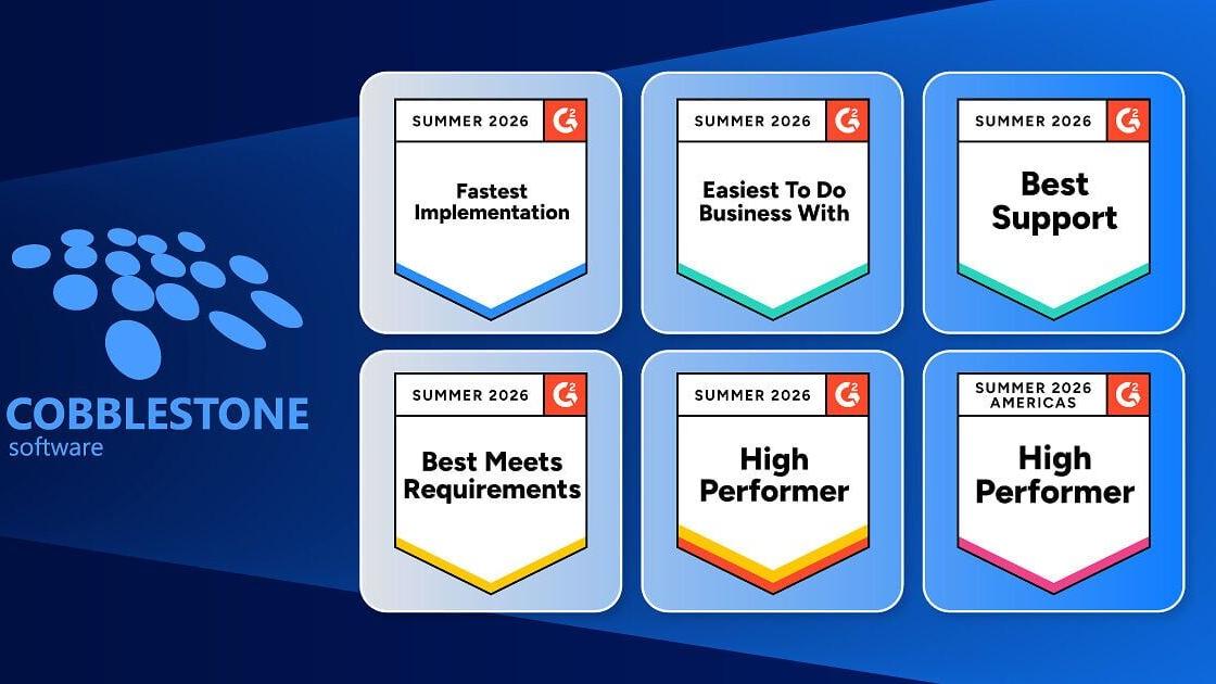 CobbleStone Software earned awards for: Fastest Implementation, Easiest to Do Business With, Best Support, High Performer, and more!