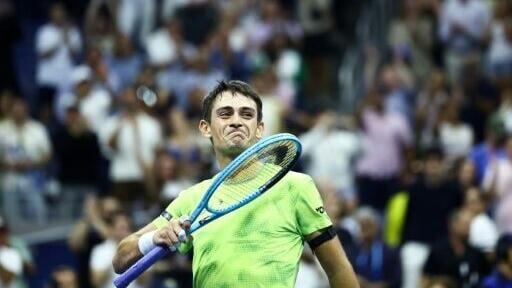 Argentina's Mariano Navone reacts after upsetting Serbia's Novak Djokovic in the US Open first round