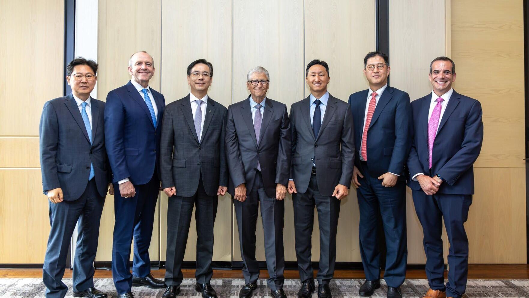 TerraPower Chairman Bill Gates and TerraPower President and CEO Chris Levesque are joined by HD Hyundai Chairman Chung Kisun and Hyundai Engineering &amp; Construction CEO Lee Han-woo and other executives during a trip to Seoul.