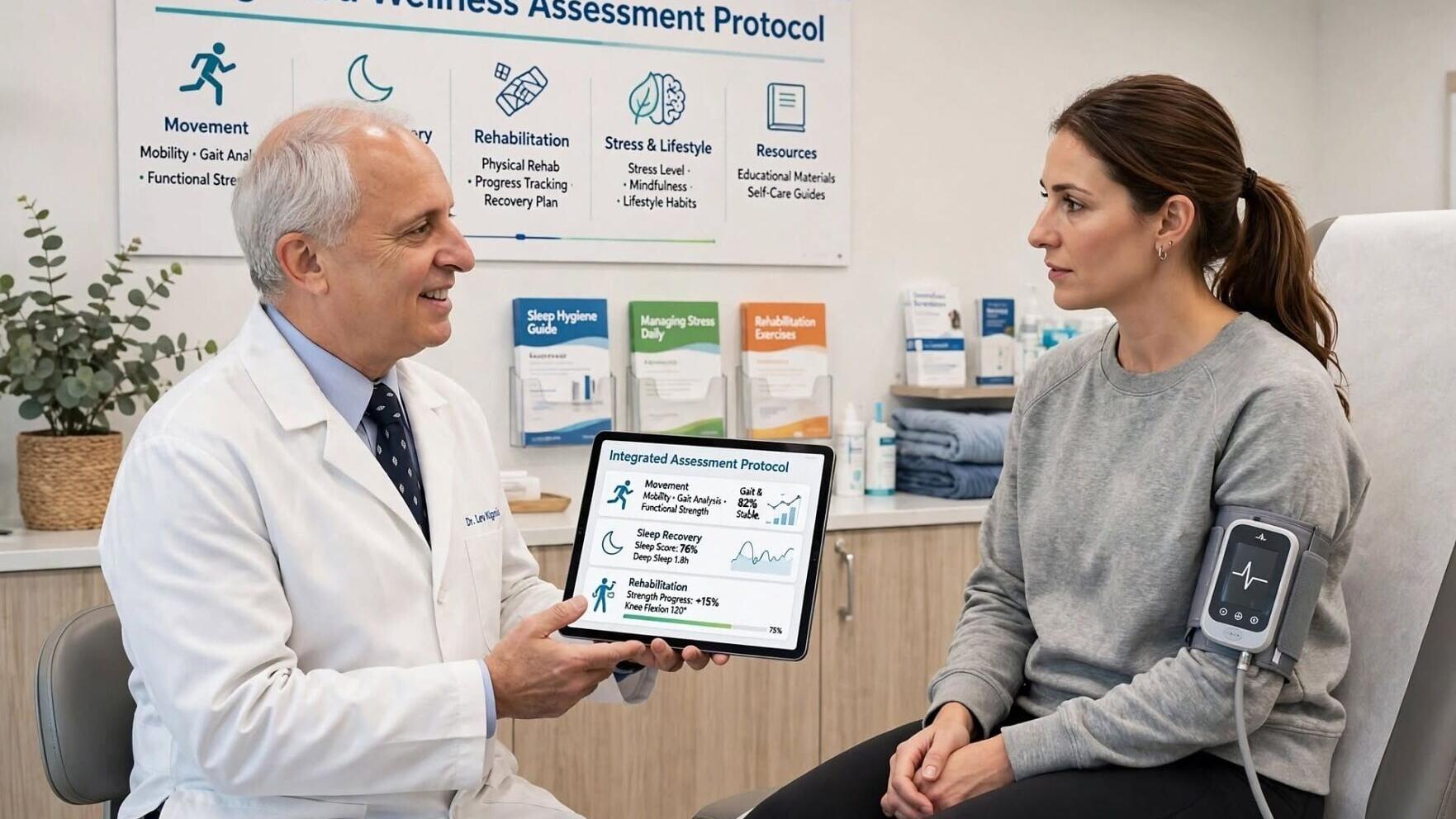 Dr. Kipnis reviews results from a technology-supported wellness screening with a patient at Health Box Clinic, 3633 W Lake Ave #307, Glenview. The clinic's assessment includes history, physical and movement evaluation, and when indicated, additional inf...