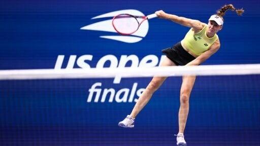 Elena Rybakina serves on the way to victory over Aryna Sabalenka in the US Open final
