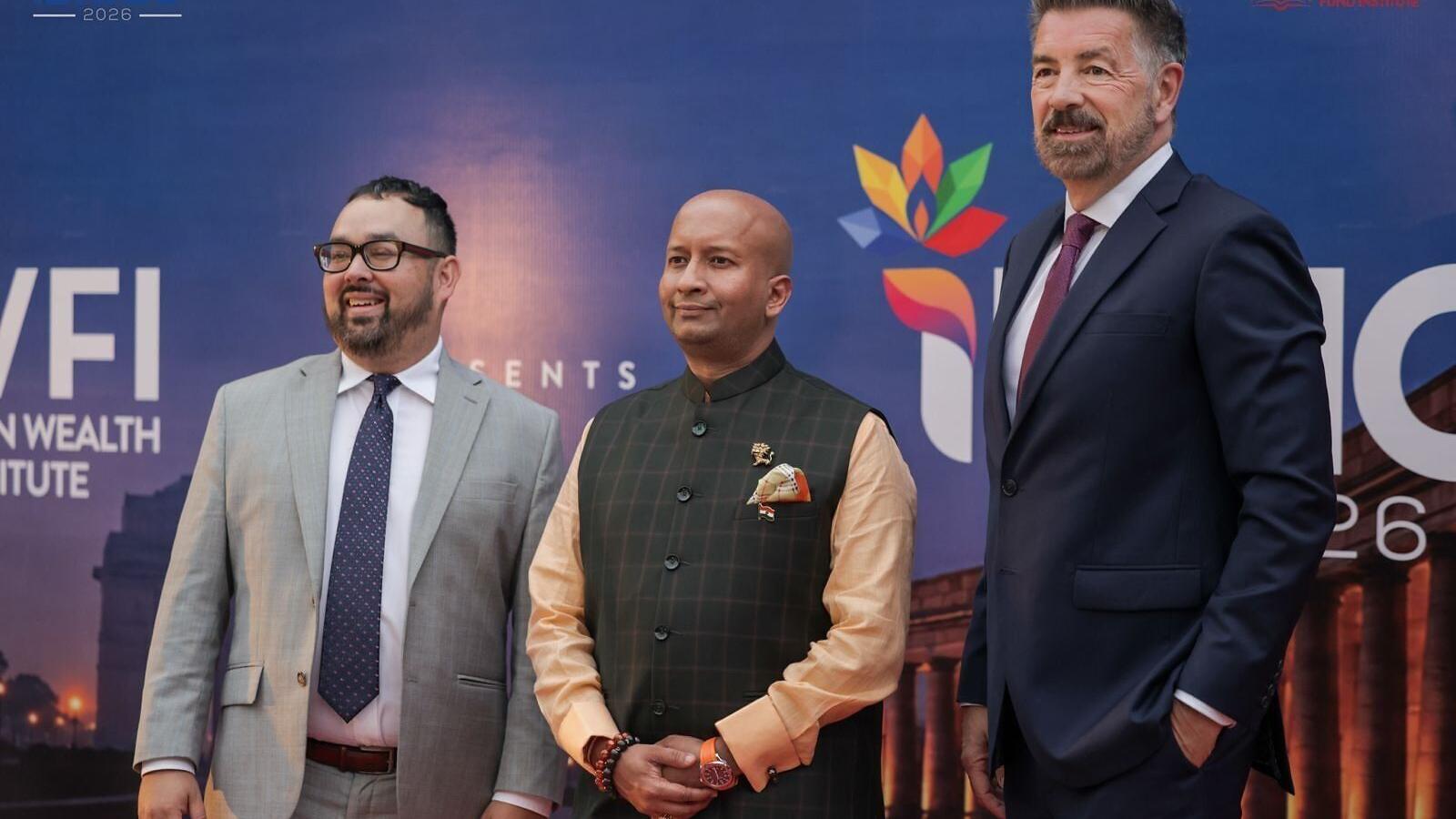 Lakshmi Narayanan Ramanujam, SWFI Chairman, Chip Rogers, Advisor and spokesperson to SWFI, and Michael Maduell, SWFI President and CEO announce G20 Investment Week at iBRICS 2026, The Oberoi, New Delhi. Photo: SWFI.