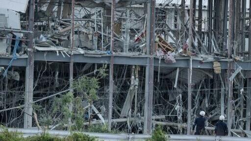 The earthquake-damaged Aeon Mall Kumamoto in Kashima, Kumamoto Prefecture