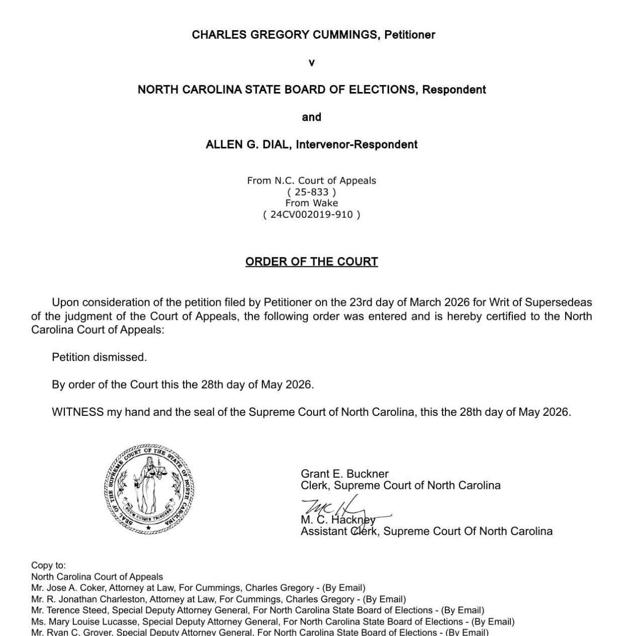 FNF - NC - Lawsuit Cummings v North Carolina State Board of Elections