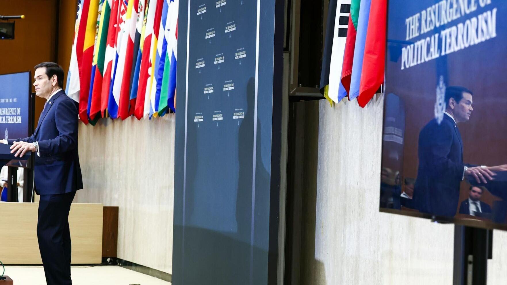 U.S. Secretary of State Marco Rubio delivers opening remarks during the Ministerial on the Resurgence of Political Terrorism at the State Department on July 16, 2026, in Washington.