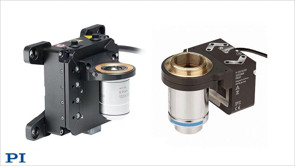 PI objective focusing stages: voice coil (left) for long travel to 7mm; piezo (right) for compact size and fast response with travel ranges to 800µm.