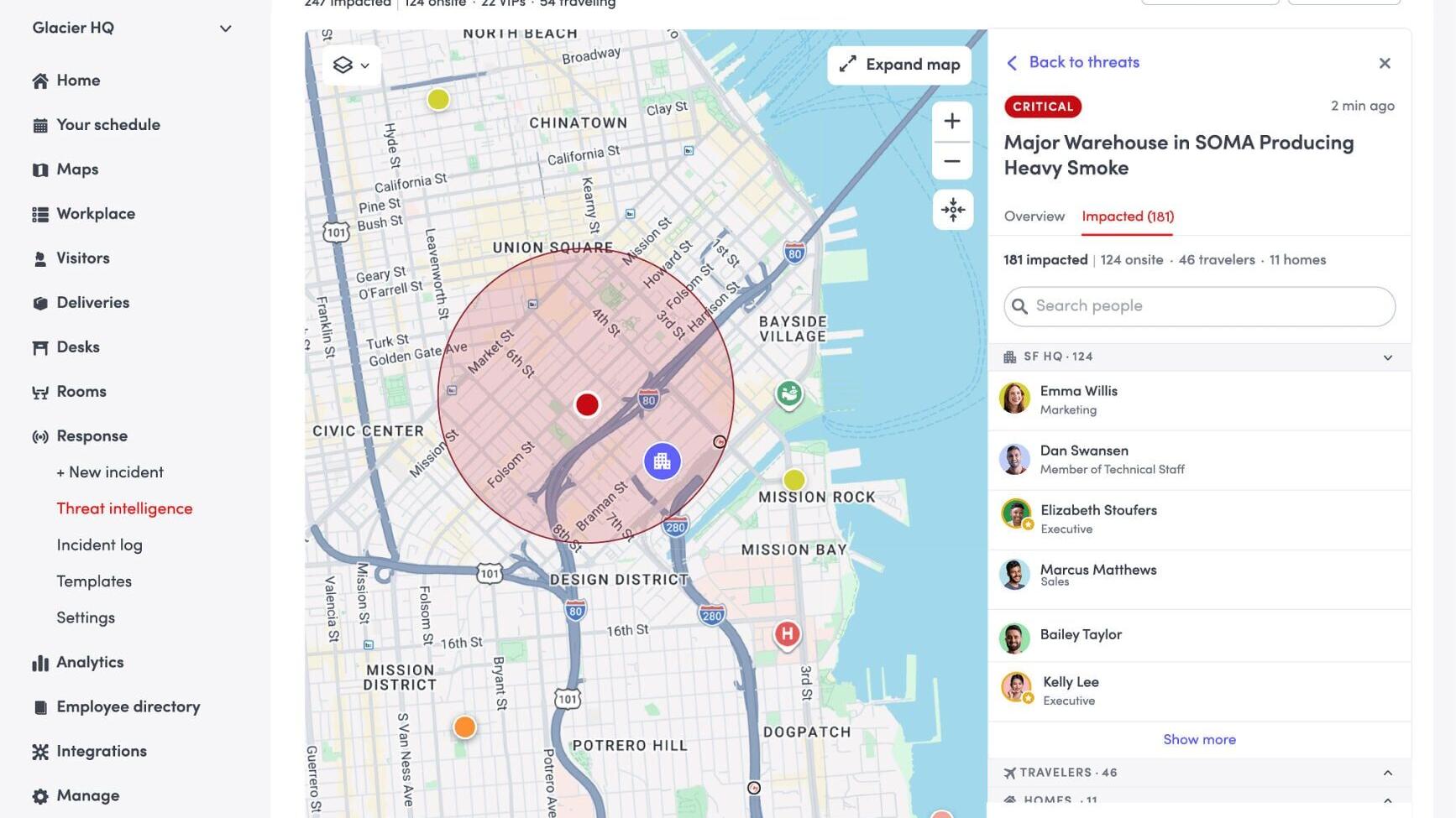 Envoy Response Threat Dashboard — global map view with active threat pins across multiple sites