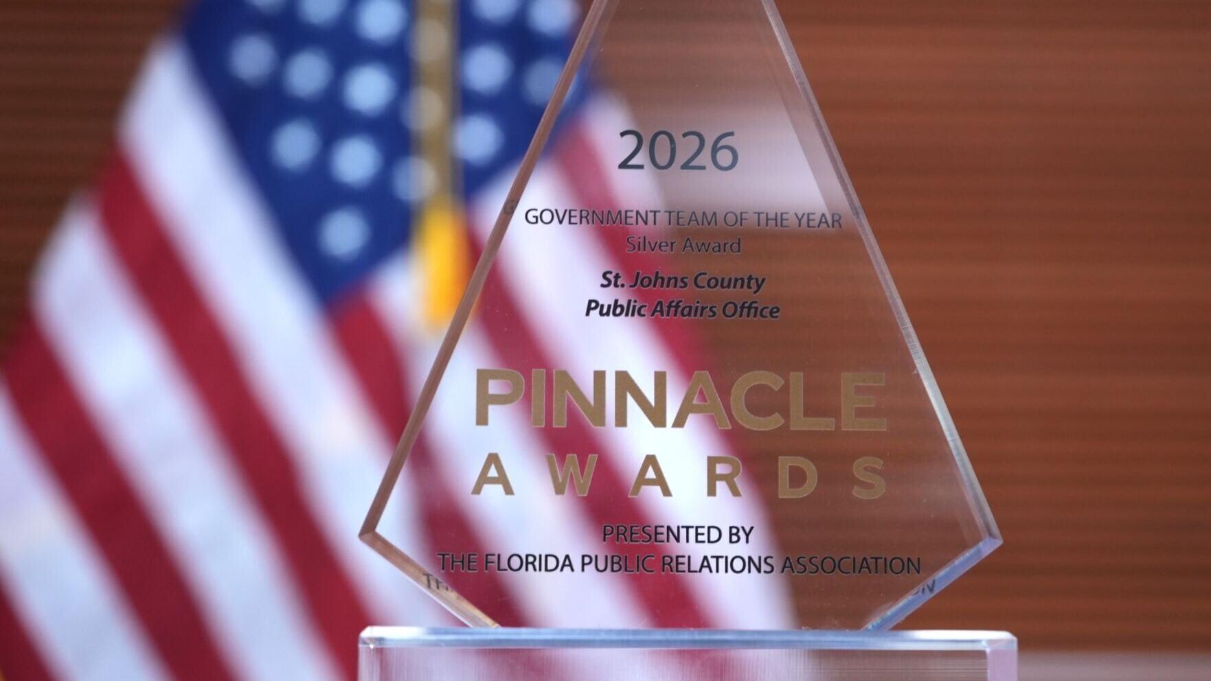 The St. Johns County Office of Public Affairs has earned the 2026 Silver Pinnacle Award for Government Team of the Year from the Florida Public Relations Association. It is the second consecutive year that St. Johns County has earned the award.