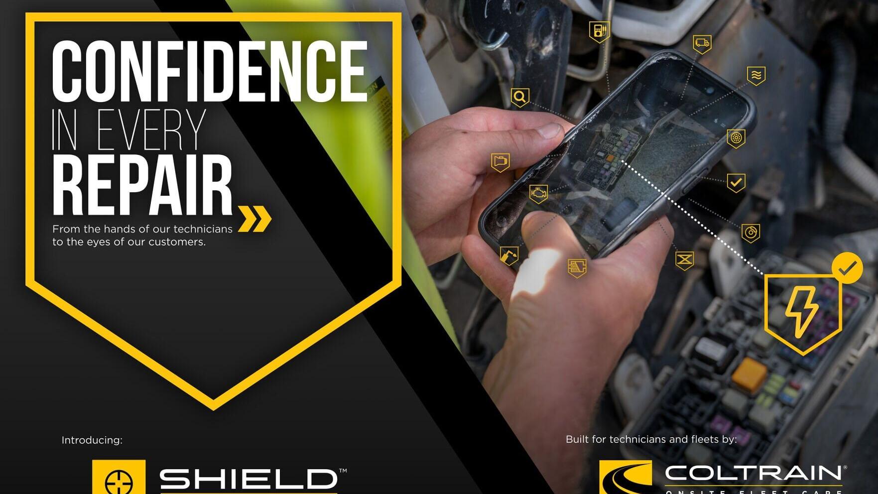 A promotional graphic for SHIELD™, the technician field app built by Coltrain Onsite Fleet Care, showing a technician photographing a vehicle's fuse box for a service record that captures every step of the repair.