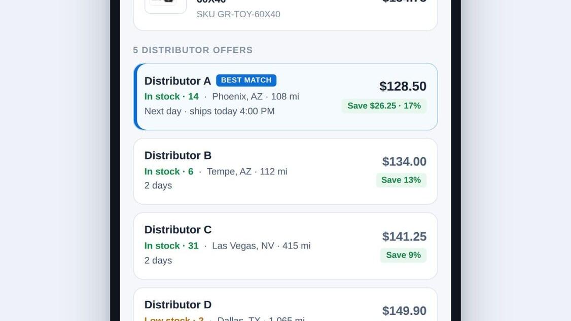 Pictured: the Keys® Distribution Network match screen, showing live distributor offers for a single automotive key SKU ranked by availability, location, price and fulfillment speed. Distributor names anonymized; pricing shown for illustration.