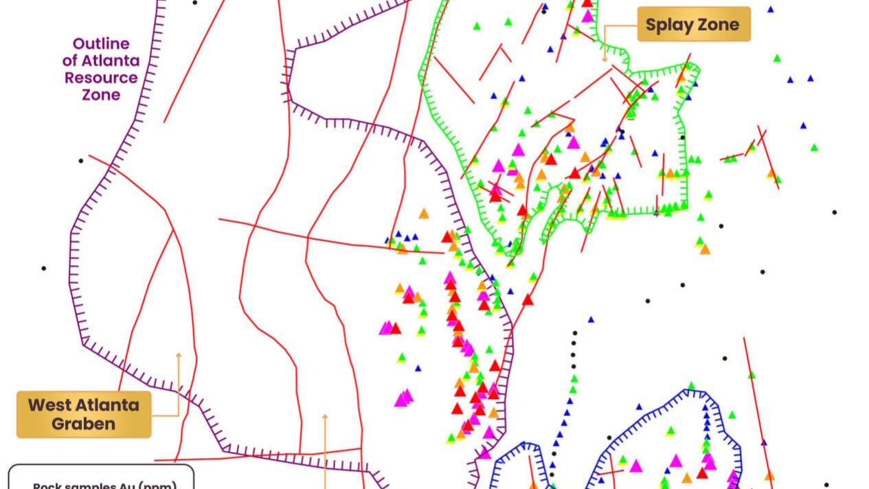 Figure 1.  Surface rock sample gold values and interpreted structure at Atlanta, showing the East Ridge Target, and Splay Zone on the footwall east of the Atlanta Resource Zone and on strike with the East Atlanta Fault Zone splays.