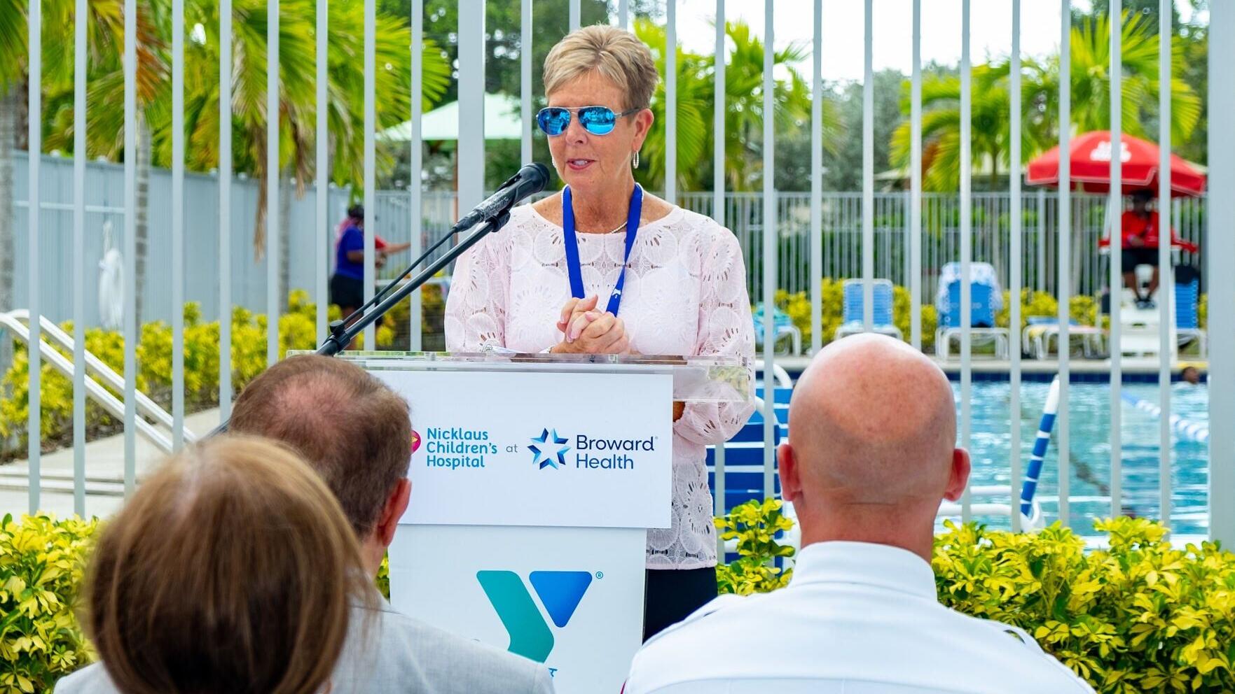 Sheryl Woods, YMCA of South Florida President &amp; CEO, addresses the media during a press conference about water safety at the L.A. Lee YMCA/Mizell Community Center on Wednesday, July 22, 2026, in Fort Lauderdale, Florida.