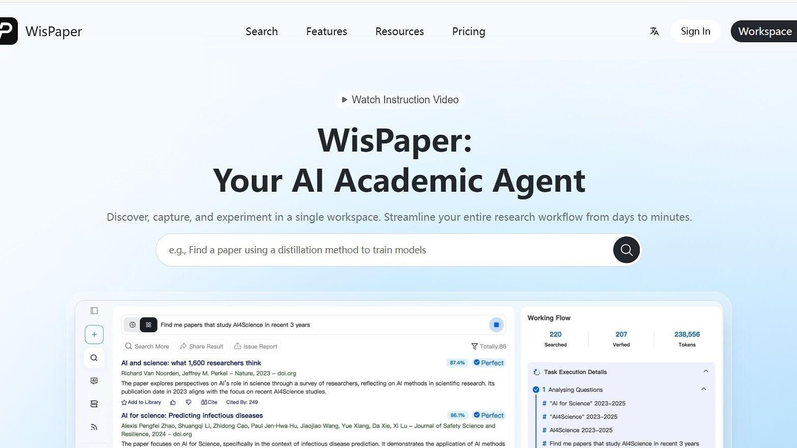 Screenshot of the WisPaper platform homepage featuring its AI Academic Agent interface and True Cite verification system.
