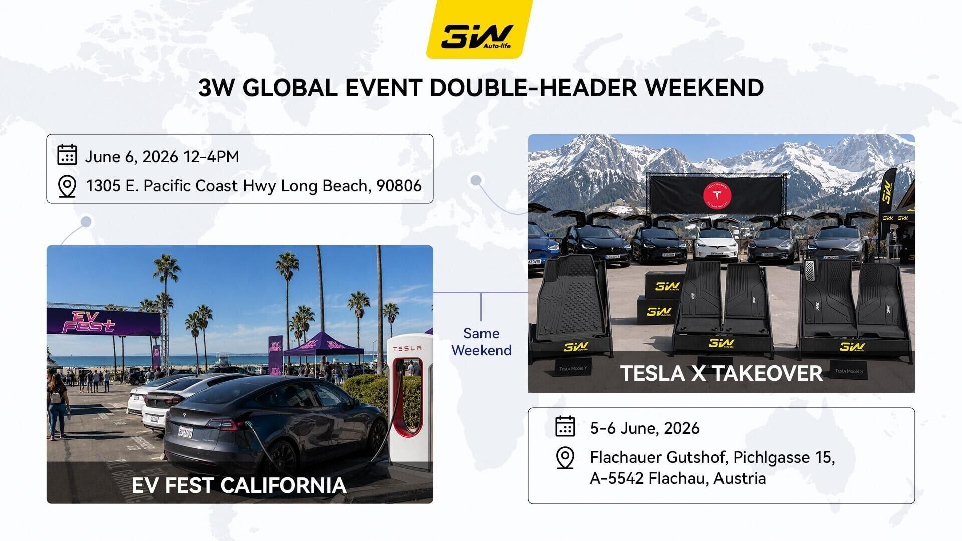 3W Autolife is participating in two of this year’s largest Tesla and electric vehicle (EV) gatherings over the same weekend: EV Fest in Southern California and Tesla Takeover Europe 2026 in the Austrian Alps.