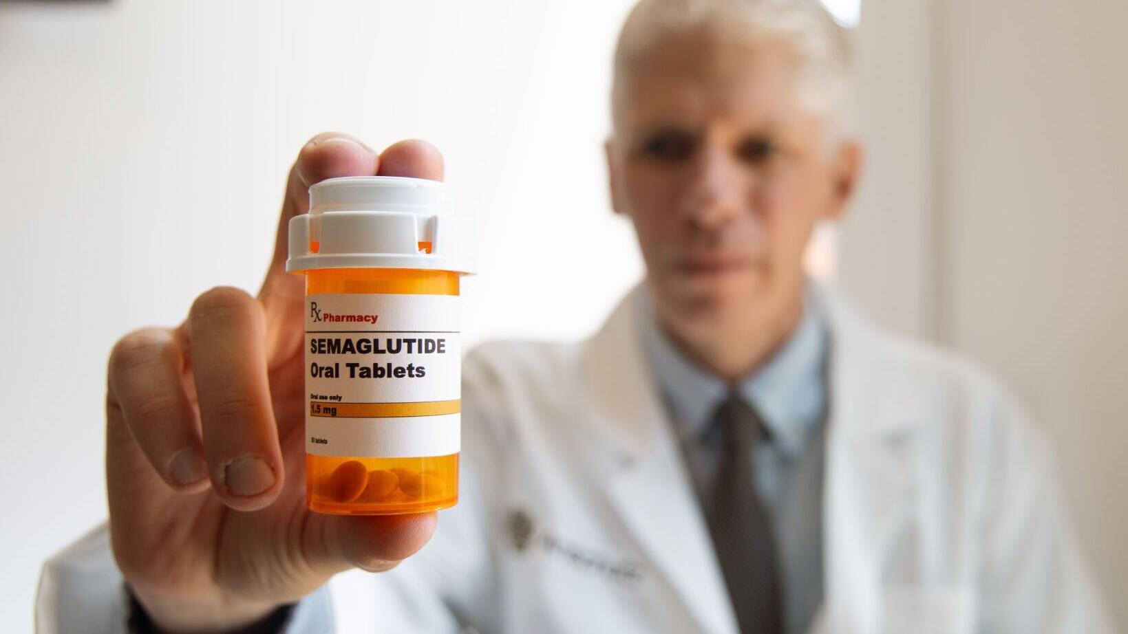 Photo of bottle of semaglutide and Joseph Schacht, PhD, from the University of Colorado Anschutz.