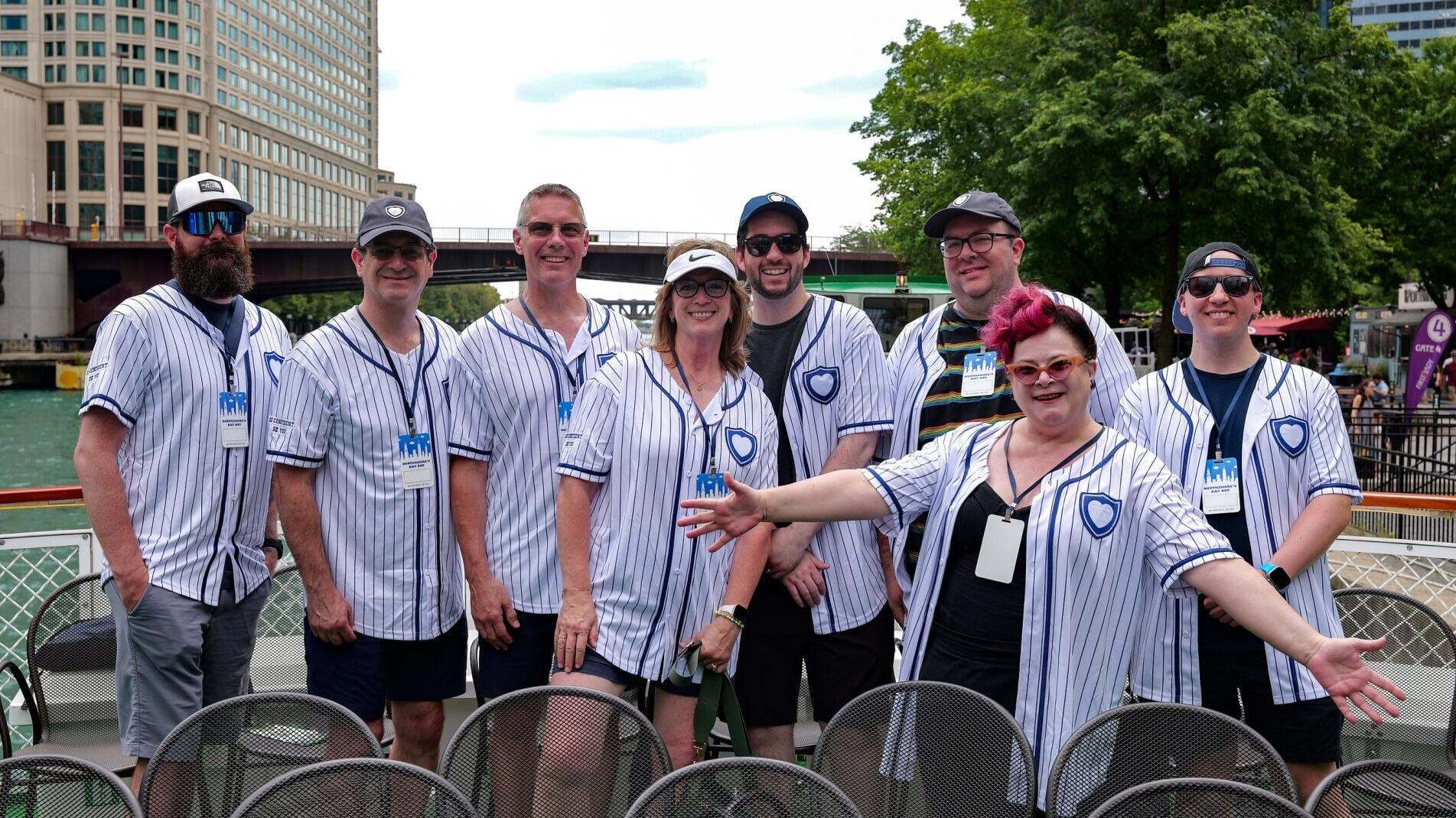 Several attendees and staff members participating in NorthShore's Day Out enjoy the Chicago Architecture Center's First Lady river cruise through downtown Chicago.