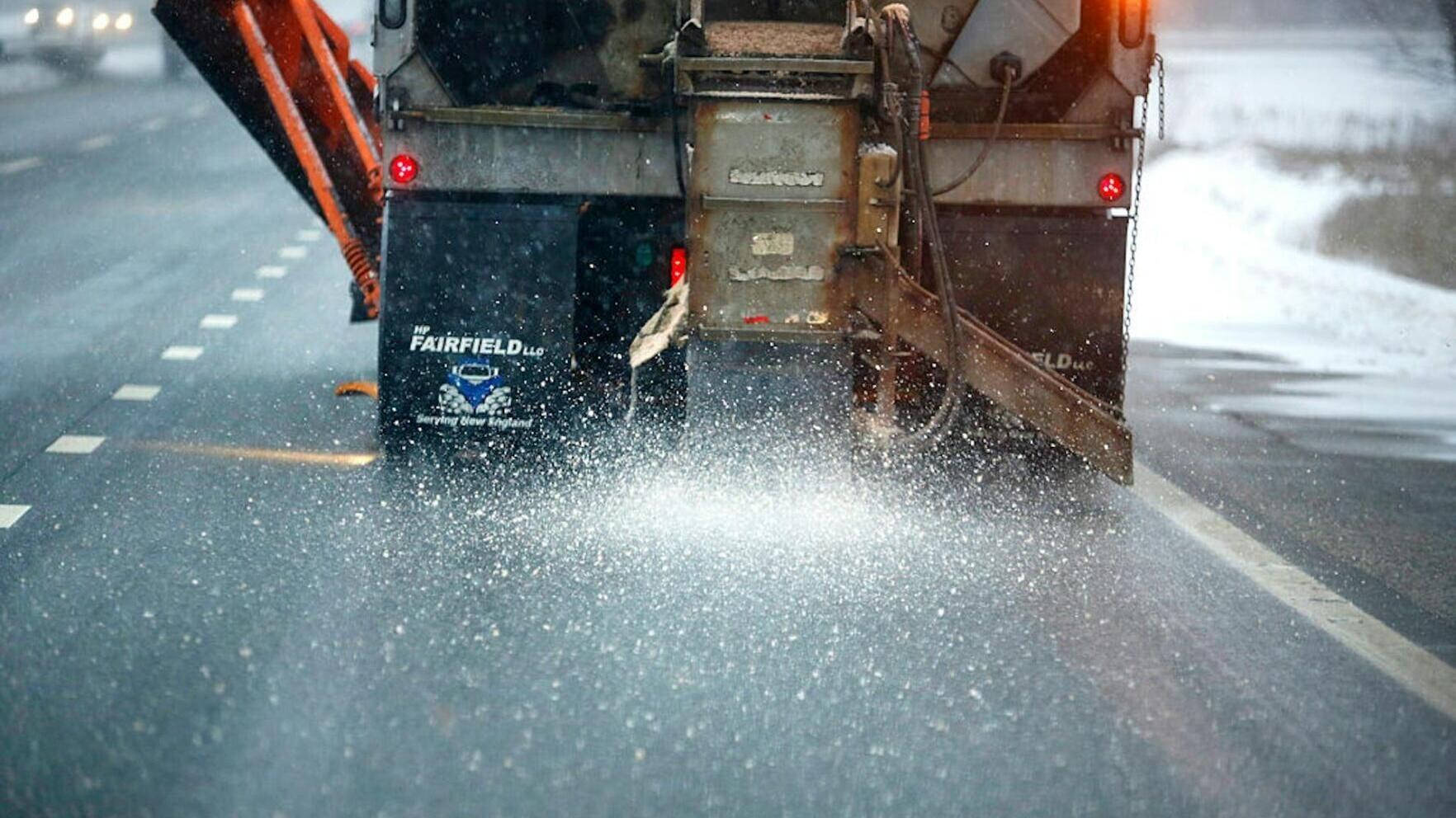 Brine, a mixture of salt and water, is sprayed onto roads to prevent snow and ice from sticking or freezing to the pavement.