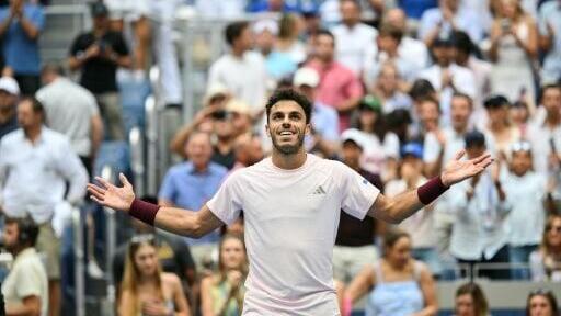 Argentina's Francisco Cerundolo reacts after defeating American Taylor Fritz to reach the US Open fourth round
