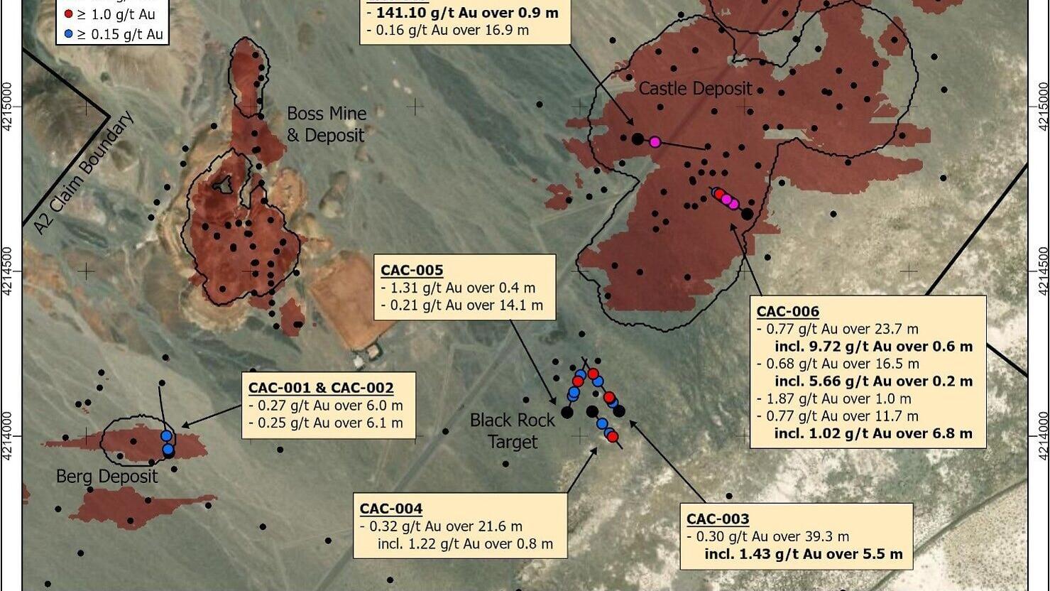 Figure 1: Plan view map that shows core holes completed during this program and significant intercepts