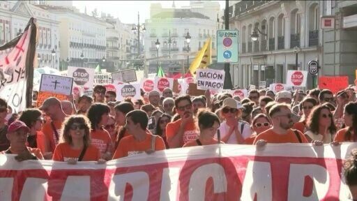 Demonstration in Madrid against evictions amidst Spains housing crisis