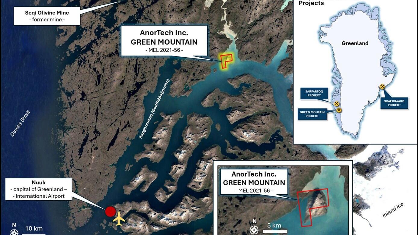 Location of the AnorTech Green Mountain massive anorthosite project in Southwest Greenland – accessible by the deep-water fjord Kangersuneq (Godthåbsfjorden / Nuuk Fjord) only 80 km northwest of the capital Nuuk and its International Airport. The ‘Green...