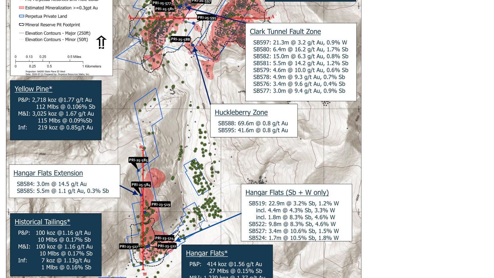 Plan view map of existing and newly reported drill holes from Perpetua Resouces' Stibnite Gold Project in Idaho, USA
