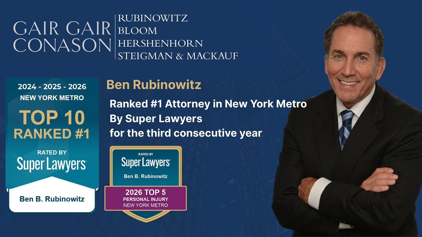 Ben B. Rubinowitz was ranked the #1 attorney in the New York Metro area by Super Lawyers for the third consecutive year (2024–2026). He was also recognized among the Top 5 Personal Injury Attorneys in New York Metro, reflecting a career defined by excep...