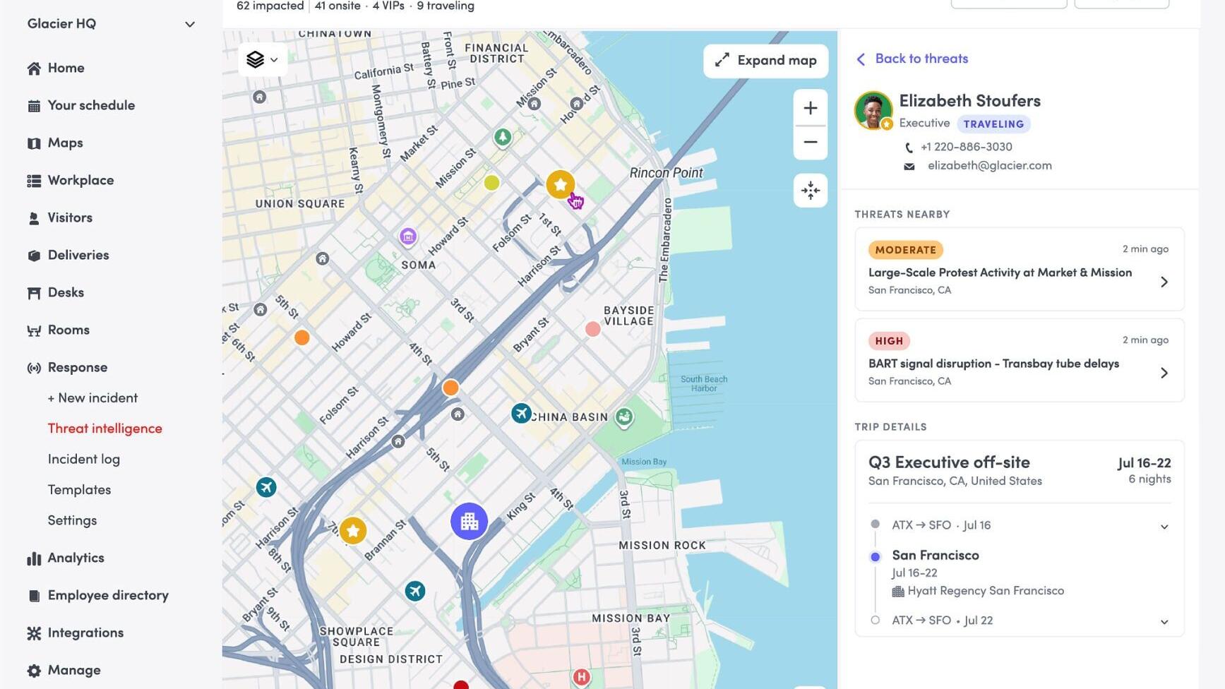 Envoy Response Threat Dashboard — global map view drill down of a threat risk currently in the area of an executive traveling