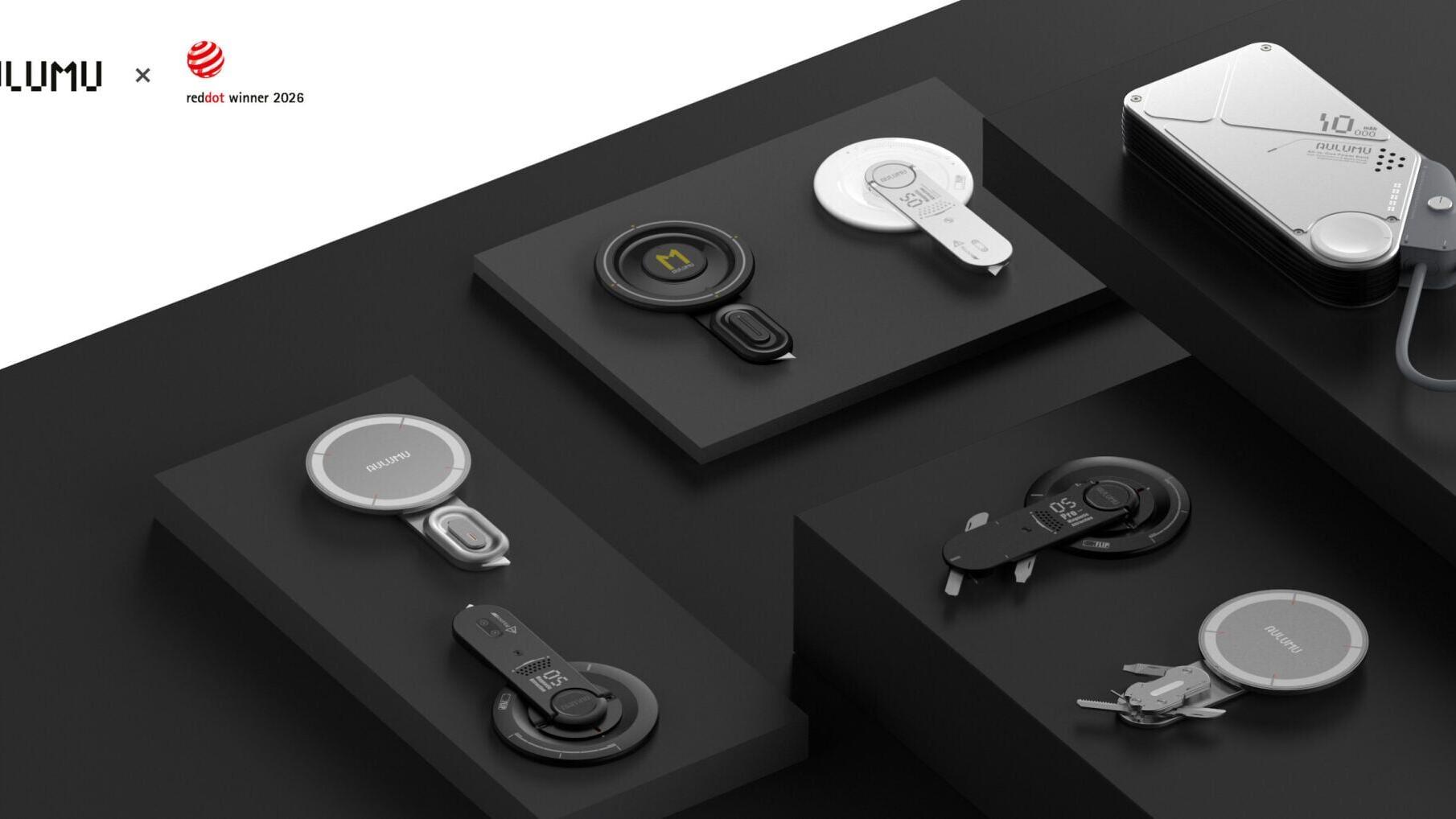 Aulumu G05 Pro Multi-Function Mag Kickstand displayed alongside other Aulumu products, highlighting its design and functionality as a compact, multi-tool accessory, with the brand's Red Dot Award 2026 recognition featured in the top left corner
