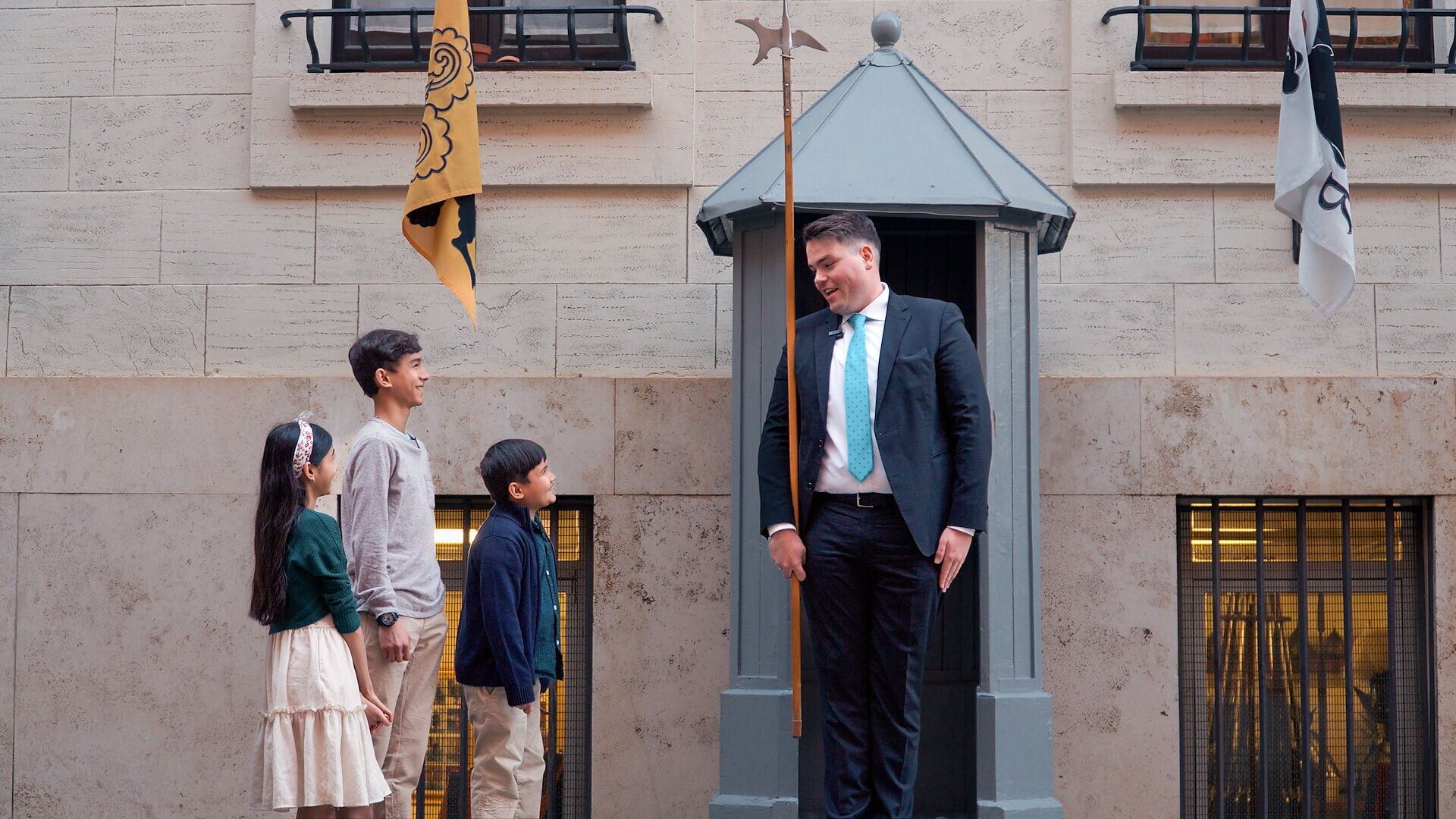 The Rey children visit the Swiss Guard barracks at the Vatican - a rare behind-the-scenes moment from Fork in the Road, the only travel cooking show in the world hosted by kids, now streaming on EWTN+.