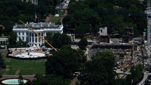 The ongoing construction of a helipad (L) and ballroom (R) at the White House are two of US President Donald Trump's many projects intended to leave a mark on Washington by the time he concludes his second term in January 2029