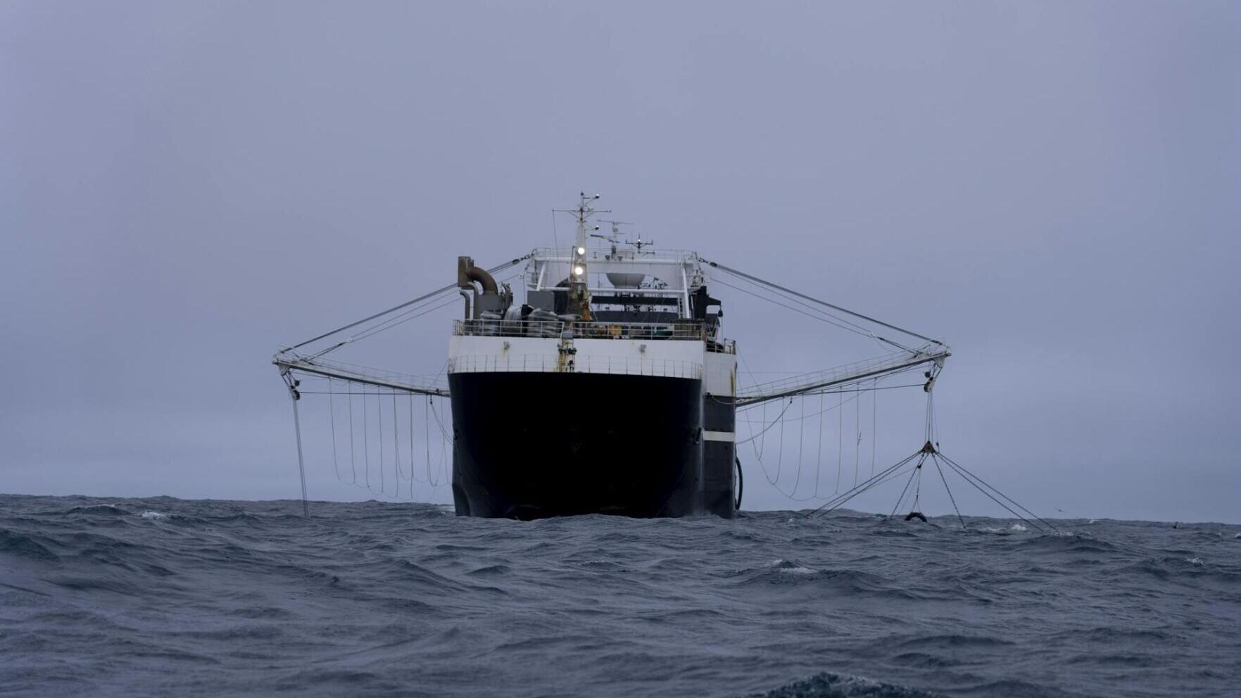 A trawler fishes for krill in the Southern Ocean.
