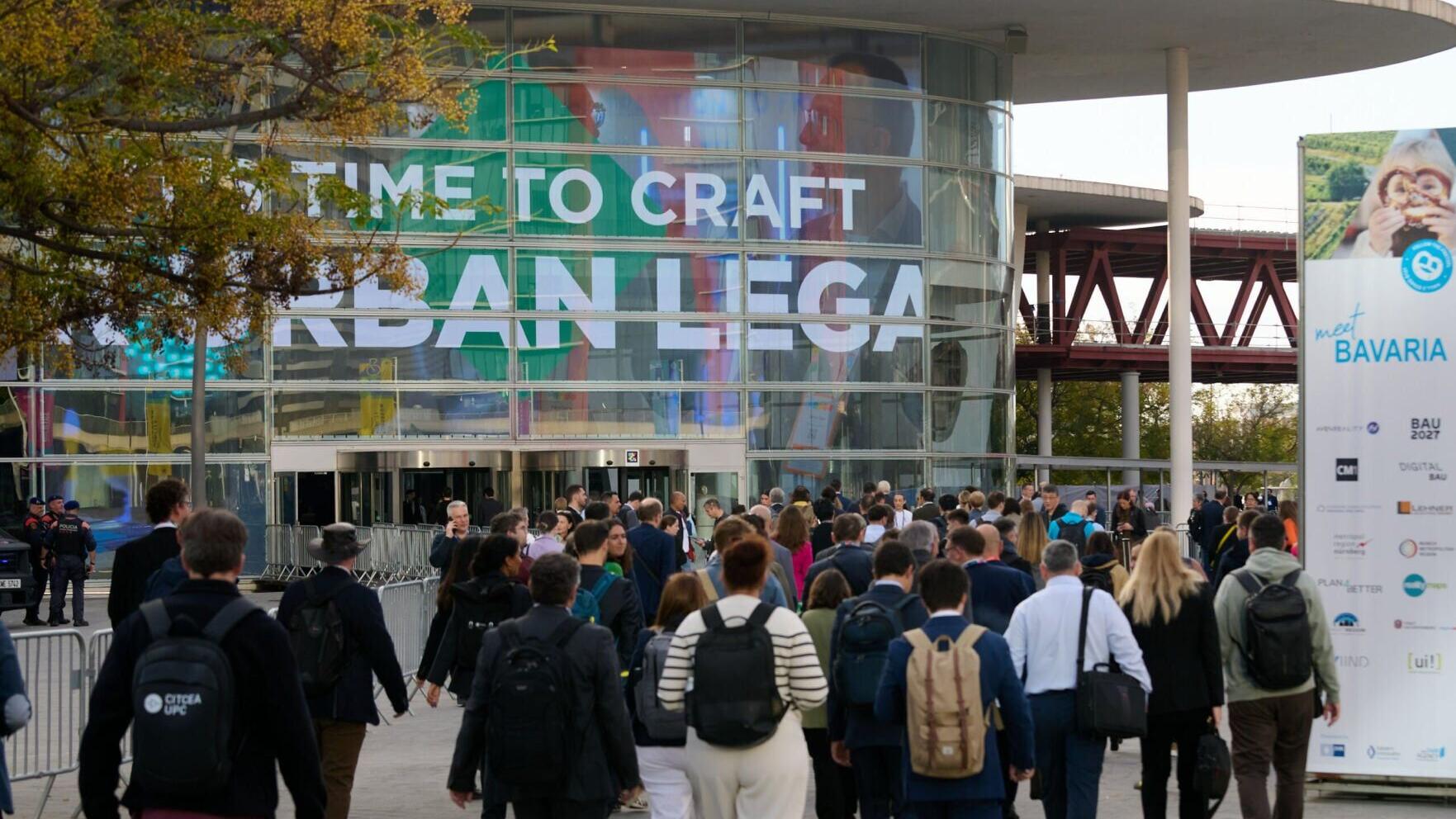 Visitors walk towards the main entrance of Smart City Expo World Congress 2025