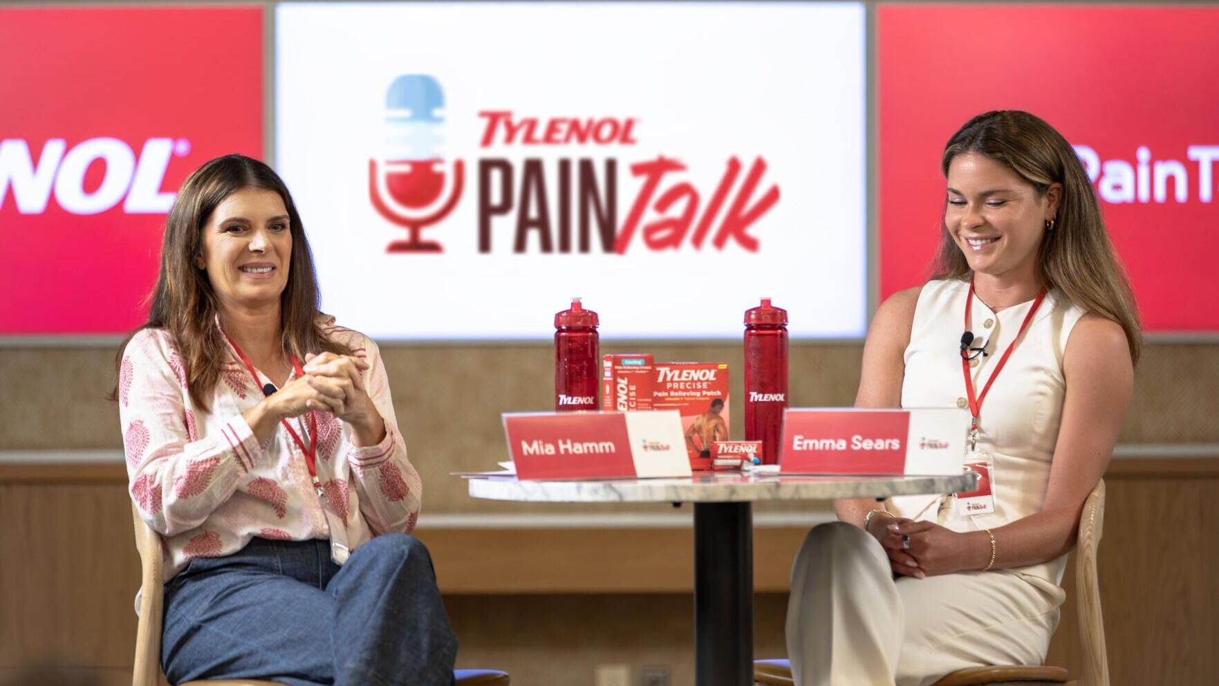 Soccer legend Mia Hamm (left) and active NWSL and U.S. international player Emma Sears (right) participate in the launch of TYLENOL® PainTalk.