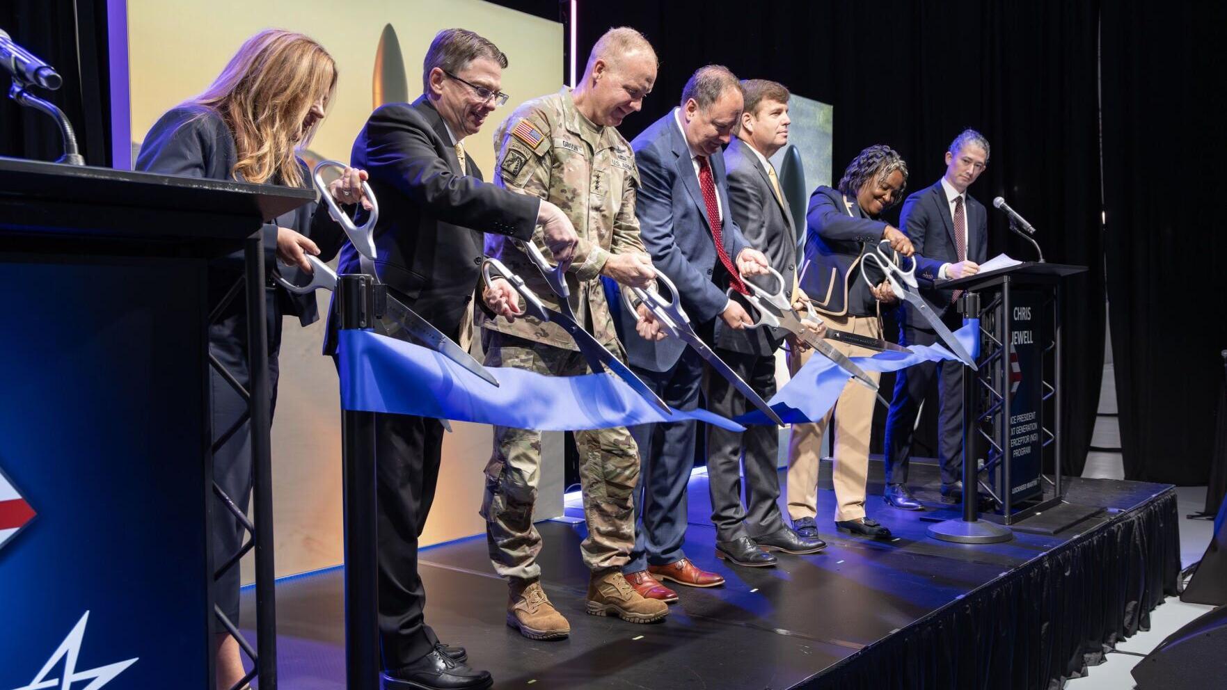 Lockheed Martin Space leaders open new Next Generation Interceptor (NGI) factory in Courtland, Alabama. From left: Sarah Reeves, VP of Strategic Defense Systems; Johnathon Caldwell, VP and general manager of Strategic &amp; Missile Defense Systems; Lt. Gen....