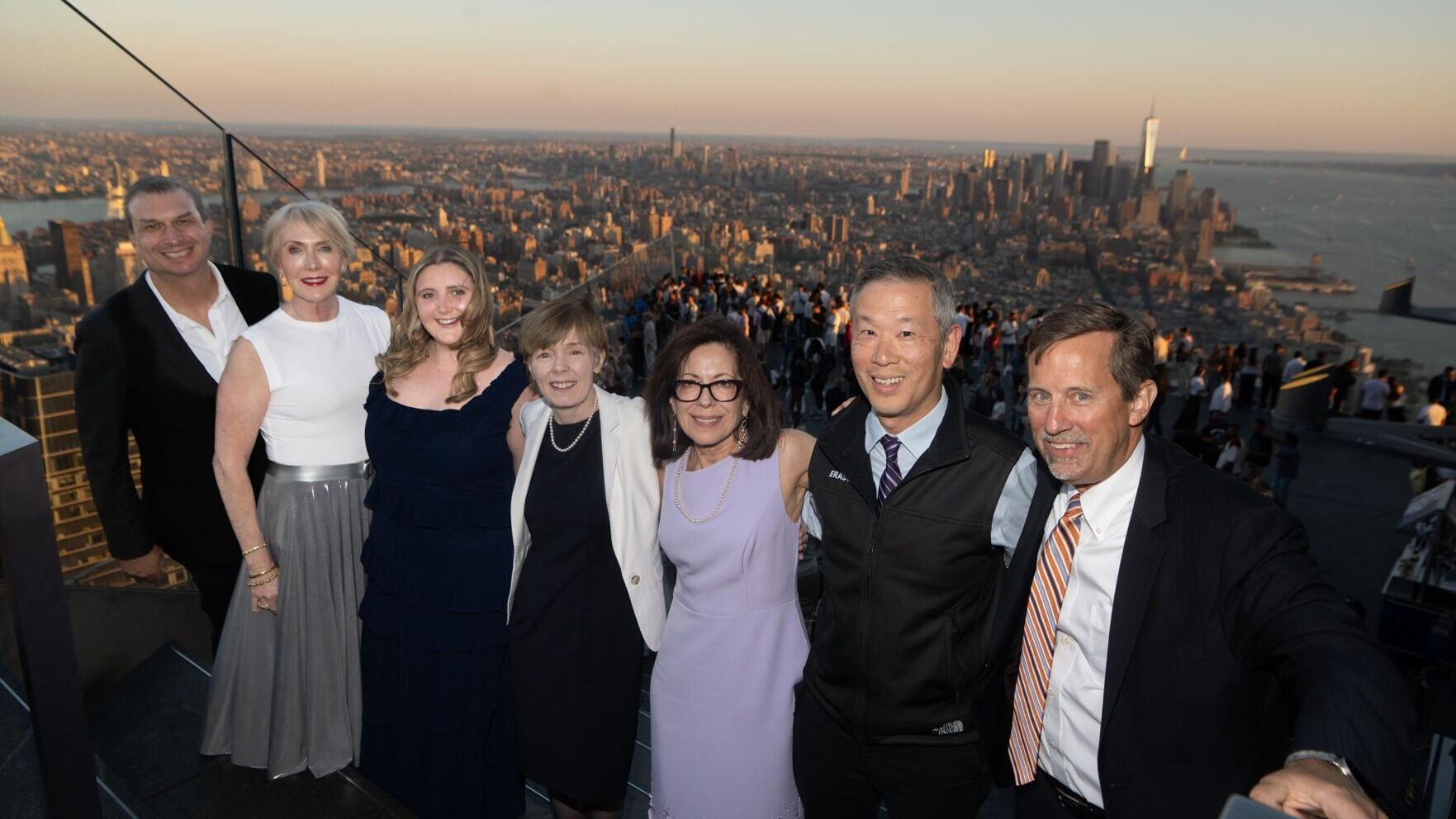 From left to right: Andrew Lustgarten, Chairman of the Board, Linda Tantawi, CEO, Lily Green, featured pancreatic cancer patient, Eileen O'Reilly, MD, Elizabeth Jaffee, MD, Jonathan E. Lim, MD, David Tuveson, MD