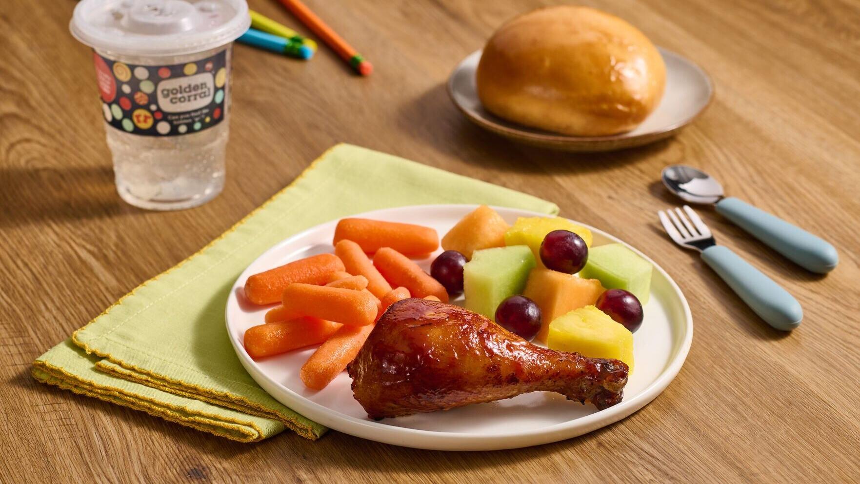 Golden Corral's Kids Buffet includes a variety of kid-friendly favorites, including BBQ chicken. As part of the brand's America $2.50 Value Deals campaign, eligible guests can enjoy a $2.50 Kids Buffet and drink with the purchase of an adult or senior b...