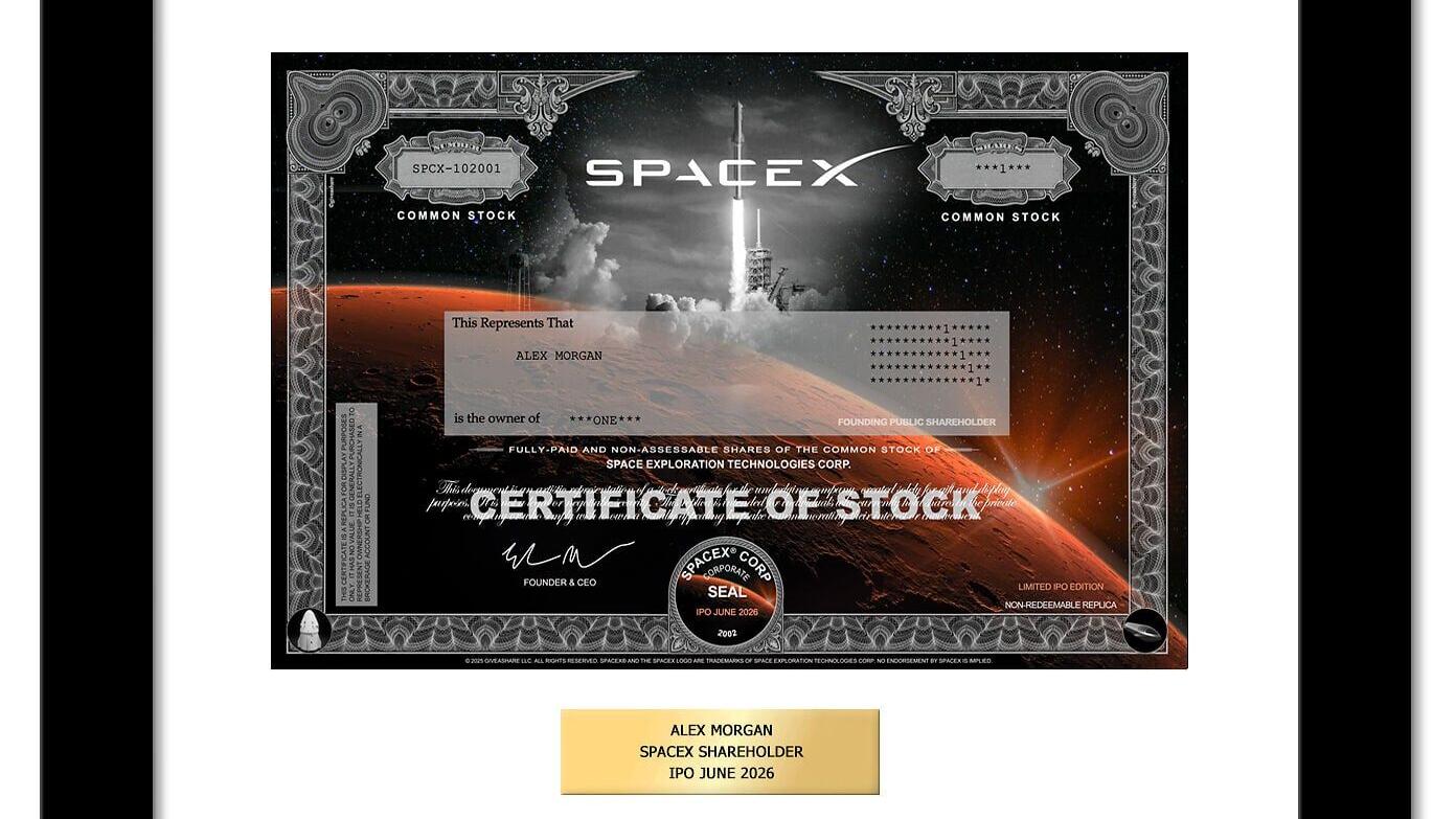 Framed SpaceX Commemorative Stock Certificate