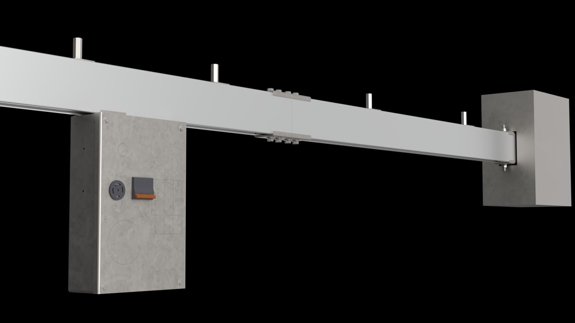 Open-slot 225A-per-phase Track Busway showing a feed section and breakered receptacle tap-off unit installed along the run.