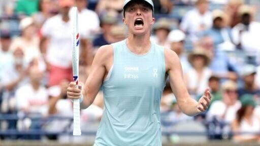 Six-time Grand Slam winner Iga Swiatek of Poland celebrates a victory over Marta Kostyuk of Ukraine that lifted her into the WTA Toronto Masters quarter-finals